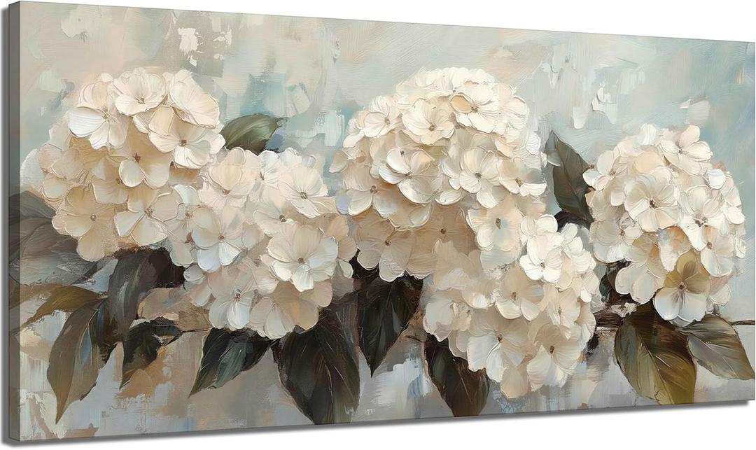 Large Hydrangea Canvas Wall Art 3D Texture White Flower Plant painting Decor Pictures Botanical Floral Posters Prints for Living Room Classroom Bedroom office corridor Decoration, 32"L x 16"W