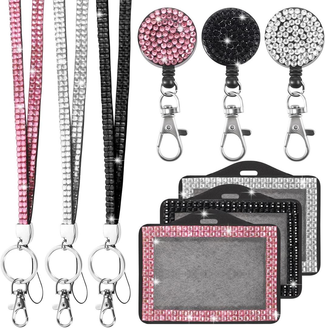 9 in 3 Sets 3 Color Horizontal Rhinestone Lanyard for ID Badges, Bling ID Card Holder Crystal Retractable Badge Reel Neck Lanyard for Women Nurse Teacher