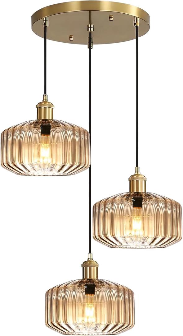 3 Light Cluster Light Pendant Light Fixture, Mid Century Modern Ceiling Light Adjustable 59" Gold Chandelier with Amber Glass Shades, Island Lights for Kitchen Farmhouse Living Room