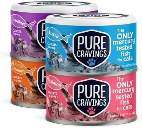 Pure Cravings Wet Cat Food Variety Pack Tuna, Salmon, Sardines, Tuna/Salmon in Gravy, 100% Mercury-Tested, Moist Can Fish for Cats, Grain-Free, Protein, Non-GMO, Pack of 12