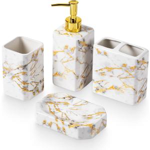 4 Piece Bathroom Accessories Set - White Bathroom Accessory Sets Includes Lotion Dispenser, Toothbrush Holder Tumbler, and Soap Dish - Glossy Finish (Marble, White)