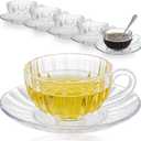 Glass Tea Cups and Saucers Set of 6, Clear Coffee Mugs with Stainless Steel Spoon, Dishwasher & Microwave Safe Teacups for Espresso Cappuccino Latte Tea Juice, 6OZ/180ML