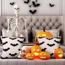 Set of 2 Halloween Pillow Covers 18 x 18 Inch Black Bat Embroidered Throw Pillow Case Fluffy Plush Cushion Cover Neutral Halloween Decorations for Home Indoor Sofa Couch Bedroom Living Room