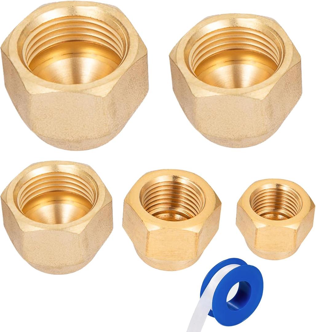 Brass Flare Cap Assortment Kits, SAE 45 Degree Flared Tube Fitting for 1/4" 5/16" 3/8" 1/2" 5/8" Tube OD 5 Sizes Set