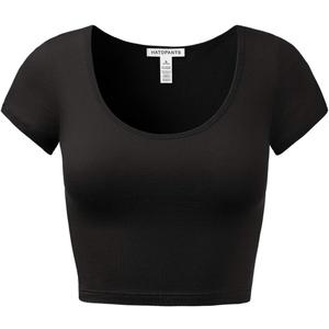 Women's Cotton Crop Tops Short Sleeve Scoop Neck Stretchy Casual Shirt (Black, XS)