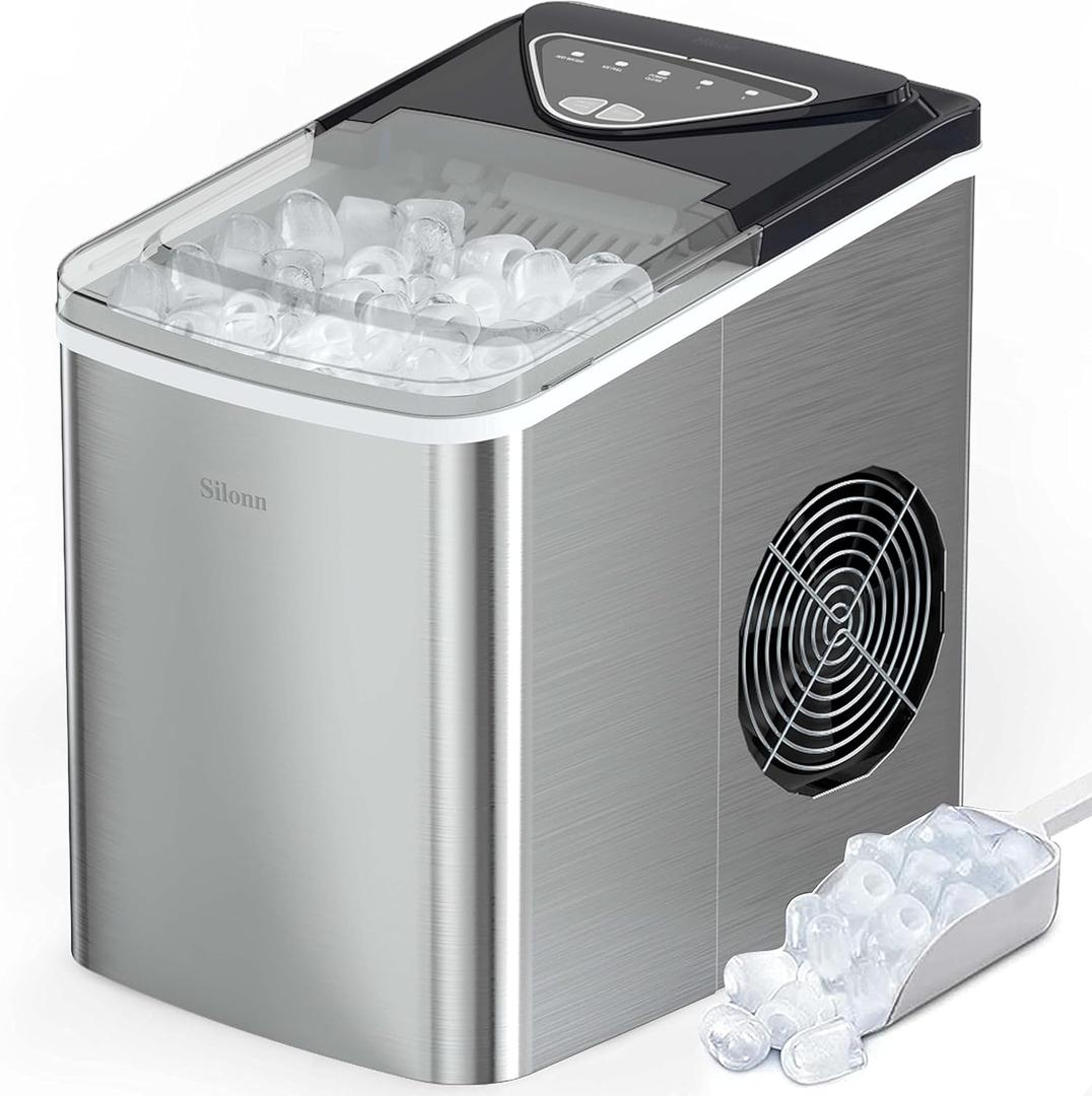 Silonn Ice Makers Countertop, 9 Cubes Ready in 6 Mins, 26lbs in 24Hrs, Self-Cleaning Ice Machine with Ice Scoop and Basket, 2 Sizes of Bullet Ice for Home Kitchen Office Bar Party