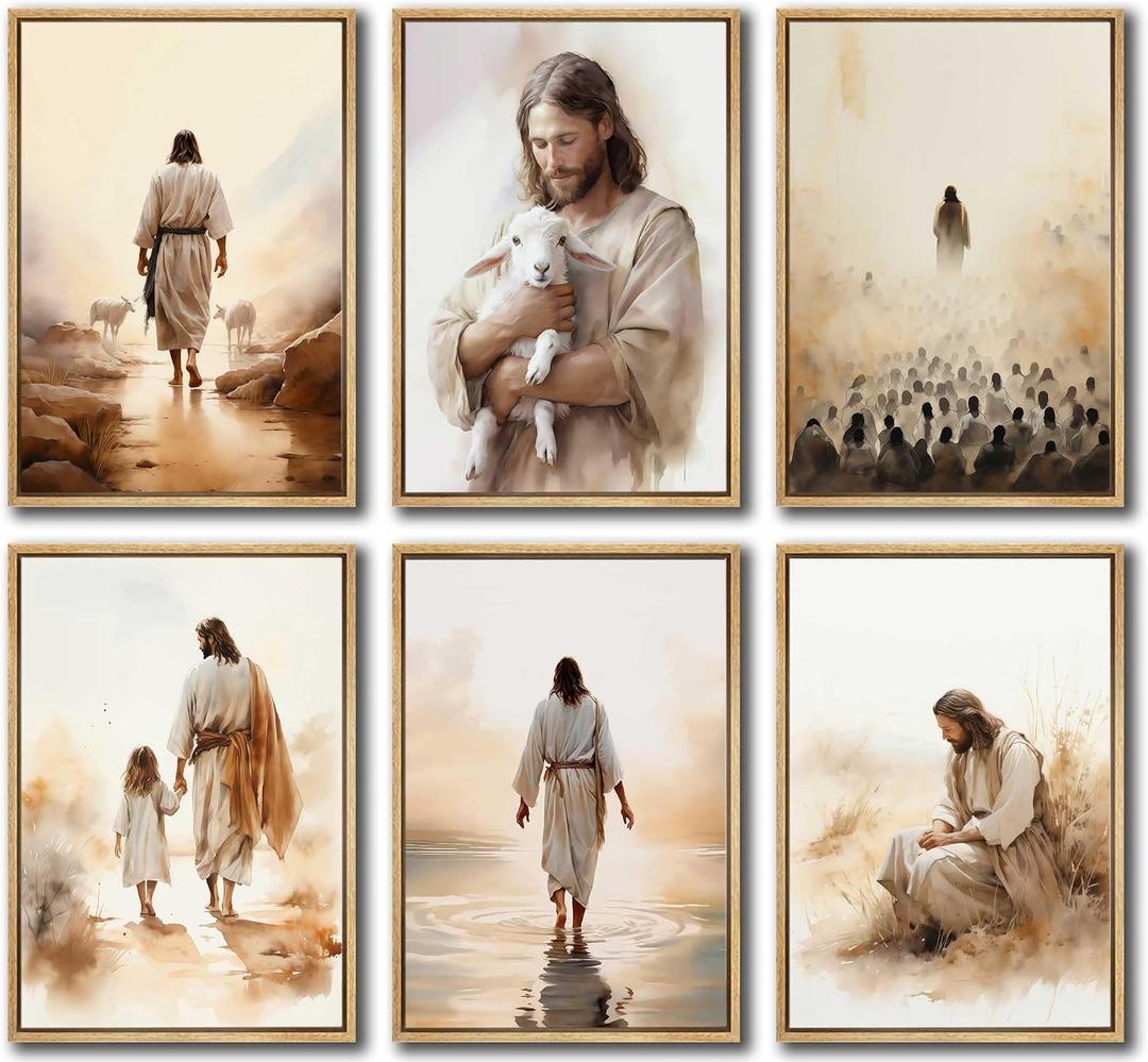 6Pcs Jesus Christian Canvas Wall Art Jesus Embraces the Lamb Jesus Walking On Water Wall Decor Pictures God Jesus Girl Prints Posters for Hallway Church Living Room Bedroom Decoration