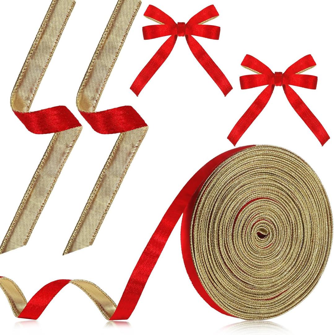 Yuxung 25 Yards x 5/8 Inch Christmas Velvet Ribbon for Gift Wrapping Metallic Silver Crushed Velvet Ribbon for Bows Making Wreath Decoration(Red, Gold)