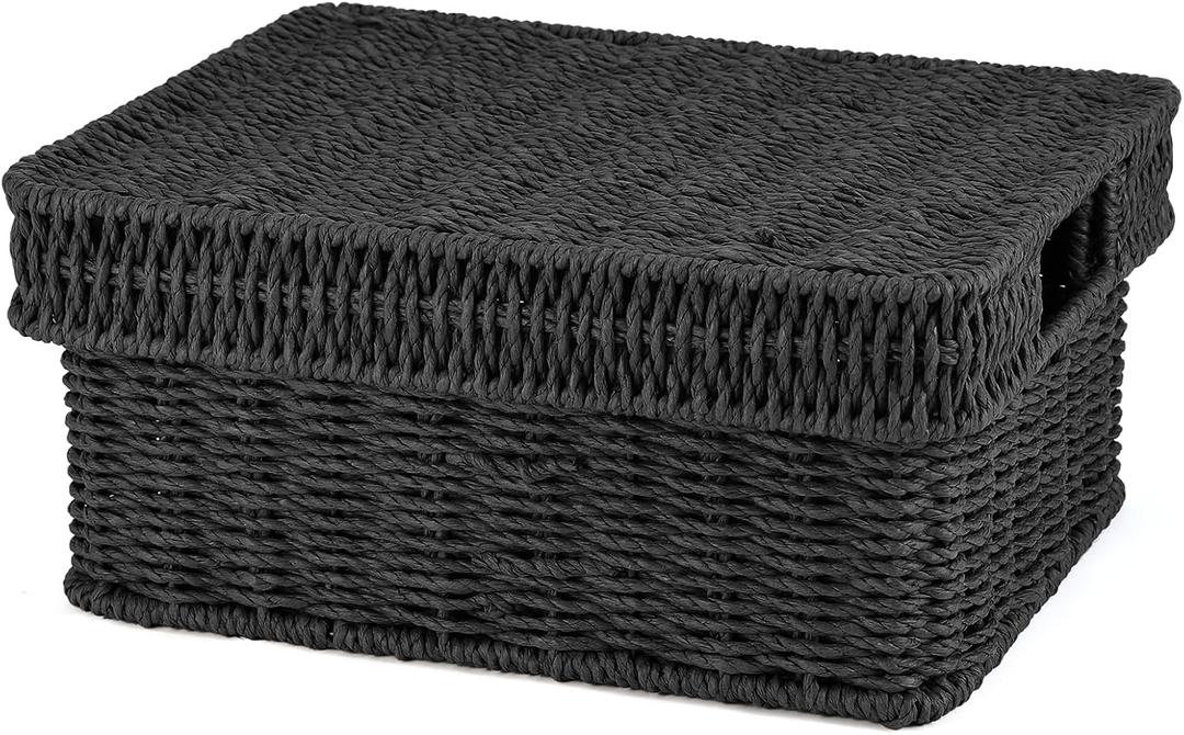 Wicker Storage Basket with Lid - Woven Basket for Storage, Rectangular Decorative Boxes Bins with Lids for Shelves,living room, Nursery 12" L x 10" W x 5.5" H (Black)
