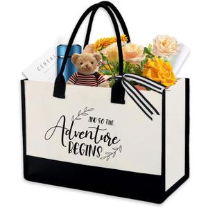 Wedding Gift Canvas Tote Bride Bag,Bridal Shower Gifts for Engagement Wedding Graduation Retirement Gift Beach Bag And So The Adventure Begins Large Tote Bag