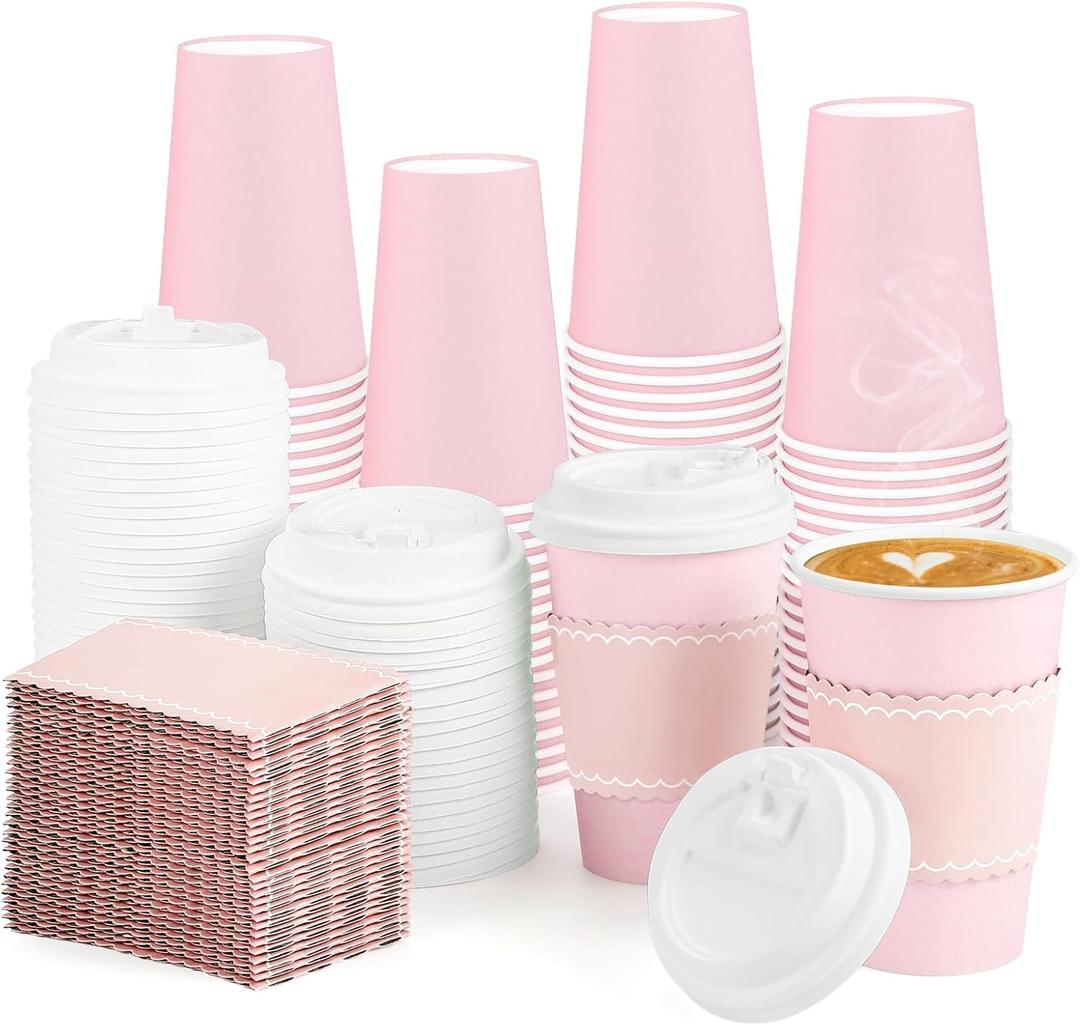 NatNarr 60 Pack Pink Coffee Cups with Lids Sleeves, 12oz Insulated To Go Paper Cups Pink Party Cups Disposable Paper Cups, Drinking Cups for Mother's Day Wedding Birthday Baby Shower Party Supplies