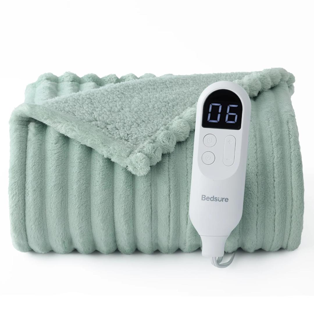 Bedsure Heated Blanket Throw Blanket  Fast Heating Electric Blanket, Soft Flannel Heated Throw with 4 Time Settings, 6 Heating Settings, Warm Gifts for Women Men (50x60 inches, Sage Green)