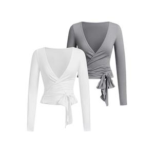 SweatyRocks Women's Pilates Outfits Wrap Tops Ballet Yoga Coquette Shirt Cute Long Sleeve Workout Activewear White Medium