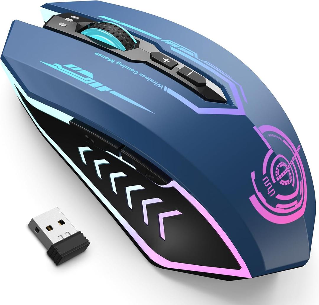 UHURU Gaming Mouse, Wireless Gaming Mouse with 7 Buttons 7 Changeable LED Color up to 12000 DPI, Rechargeable USB Gamer Mouse for PC Laptop (Blue)
