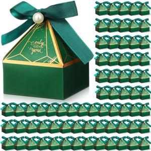MotiMind 100 Pcs Wedding Candy Boxes Gem Tower Birthday Goodie Boxes Chocolate Treat Gift Boxes with Ribbons and Pearl Decoration for Wedding Bridal Shower Baby Shower Party Favors(Green)