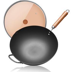WANGYUANJI Carbon Steel Wok Pan, 13.4" Woks & Stir-Fry Pans with Glass Lid No Chemical Coated Flat Bottom Iron Wok for Induction, Electric, Gas, Halogen All Stoves