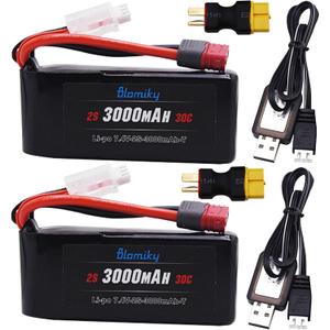 Blomiky 2 Pack 7.4V 2S 3000mAh Shorty T Plug Lipo Battery Pack with XT60 Converter and 2 Charger Cables Suitable for Wltoys 124019 144001 and Hyper Go H14BM 14211 14210 RC Trucks / 7.4V 3000mAh T