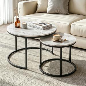 Round Nesting Coffee Table Set of 2, Modern Nesting Tables, Minimalist Stacking End Tables for Living Room Bedroom, Sturdy Metal Frame Center Table for Small Space (White & Black), 23.6" x 17.9"