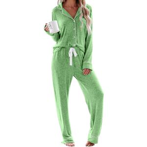 Aamikast Women's Pajama Sets Long Sleeve Button Down Sleepwear Nightwear Soft Pjs Lounge Sets (Medium, Lake Green)