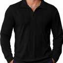 PRIVIMIX Mens Knit Polo Shirts Long Sleeve Fashion Textured Polo Sweater Stretchy Pullover Sweaters for Men Casual Golf Shirt (Black, L)