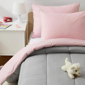 Amazon Basics Kids' 3 Piece Lightweight Cotton Shell Reversible Comforter Set with Sham, USCTP Certified Cotton Shell, Full/Queen, Candy Pink and Grey, Solid