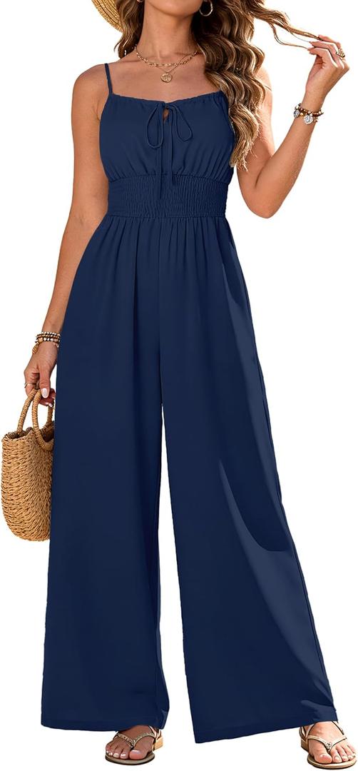 AGERWAY Womens Jumpsuits 2026 Casual Spaghetti Strap Wide Leg Long Pants Rompers One Piece Summer Outfits with Pockets, Size: X-Large