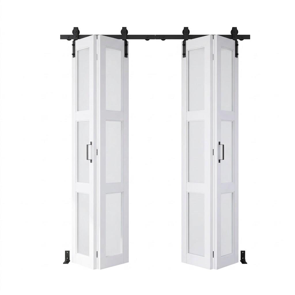 SMARTSTANDARD 64in x 84in Bifold Barn Door, Frosted Glass Barn Door with Hardware Kit Included, Pre-Drilled Holes Easy Assembly -Solid Barn Doors Slab Covered with Water-Proof PVC Surface, White