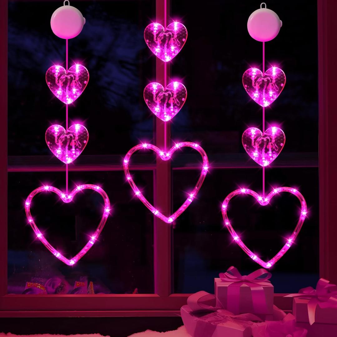 3 Pack Valentines Day Window Lights Decorations with Timer, Battery Powered Hanging Pink Lighted Heart Shaped Silhouette Sucker LED Lamp for 2025 Holiday Fireplace Indoor Home Decor