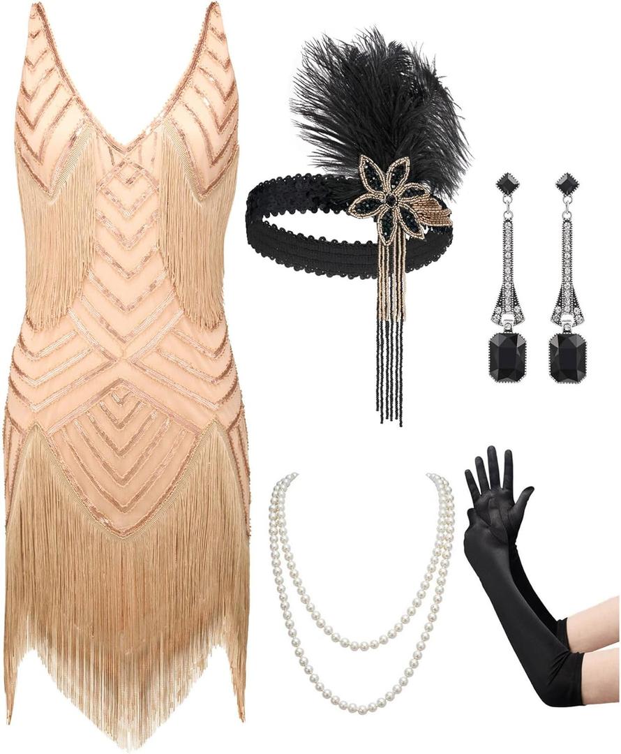 SWEETV Womens 1920s Flapper Dress,V Neck Great Gatsby Fringe Cocktail Dress with 20s Accessories Set-Roaring 20s Costume (Medium, Champagne)