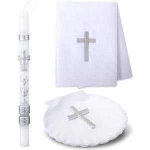 Lyrow 3 Pcs Baptism Candle Set for Boys and Girls Baptism Kit Include Baptismal Candle, Towel, Shell for Kids Christenings Favor (Silver)