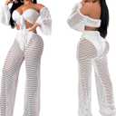 Sexy Cover Ups for Swimwear Vacation Off The Shoulder Top Long Pants Bikini Cover Ups Swimwear Beach (White, M)