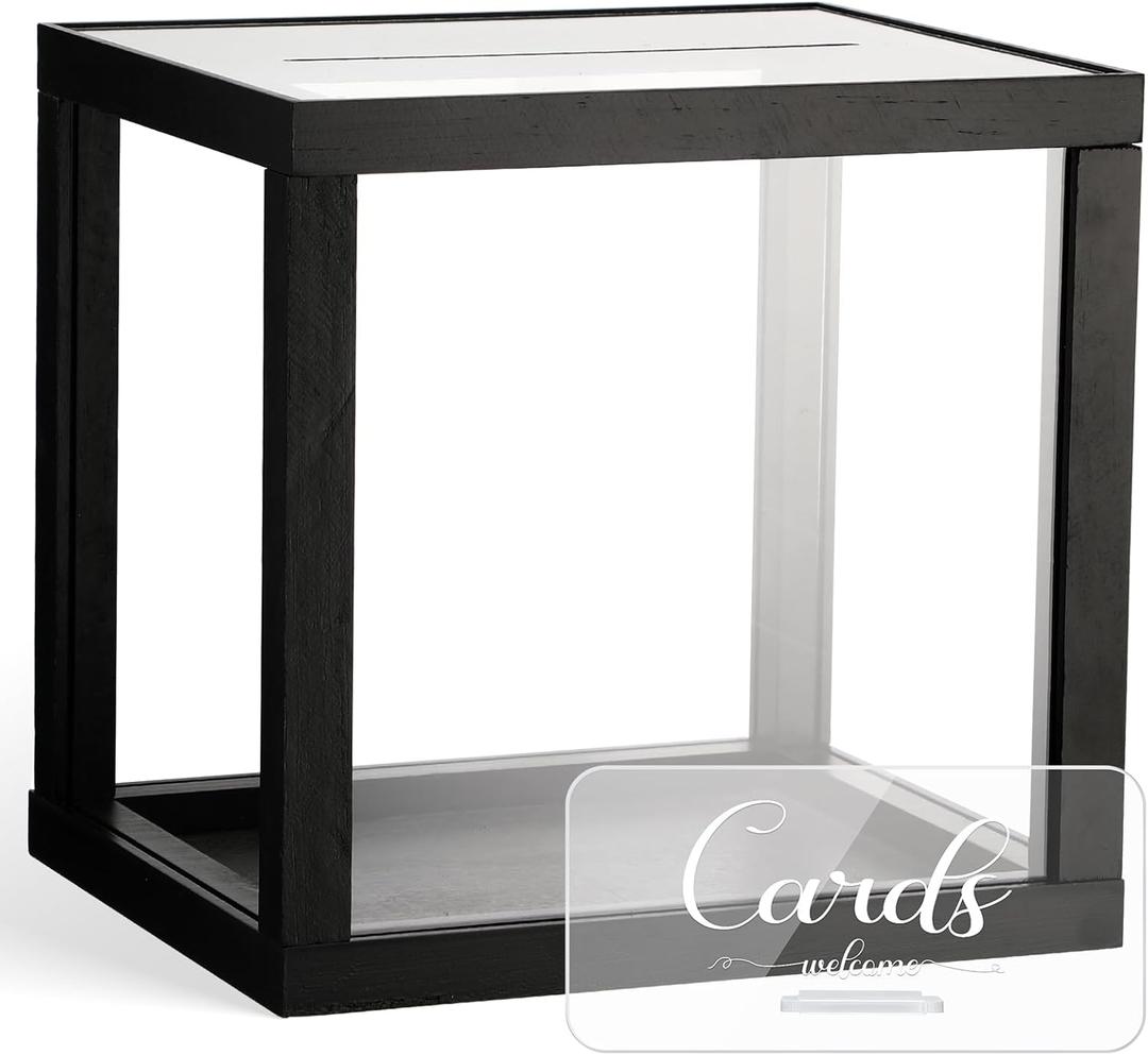 Menkxi Clear Wedding Card Box with Slot 10 x 10 x 8.5 Large Acrylic Card Box for Party Wooden Envelope Holder with Sign for Wedding Quinceanera Birthday Baby Shower Decorations(Black,Wood)