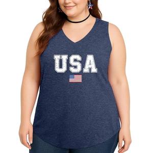 Flafens 4th of July Tank Tops for Women - Patriotic USA Flag Plus Size V-Neck Tank Independence Day Womens 4th of July Tops, 2X-Large