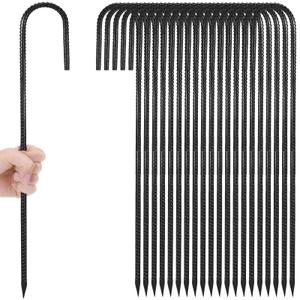 Gisafai 20 Pcs 36 Inch J Hook Rebar Stakes, Garden Ground Stakes Heavy Duty Tent Stake Ground Anchors Steel Plant Support Stake Long Straight Metal Spikes with Chisel Point End for Concrete Timber