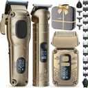 VGRPRO Hair Clippers & Trimmers Set for Men Professional, Waterproof Electric Razor Foil Shaver for Men Face Beard, Cordless for Hair Cutting, 4-Speed Setting, LED Battery Display, Barber or Home Use (Gloden)