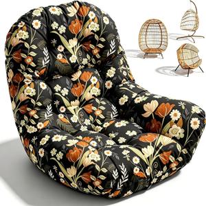 Waterproof Egg Chair Cushion Replacement Outdoor Hanging Chair Cushion 47x35x7 Inches Thicken Egg Chair Cushions with Ties, Black Peony