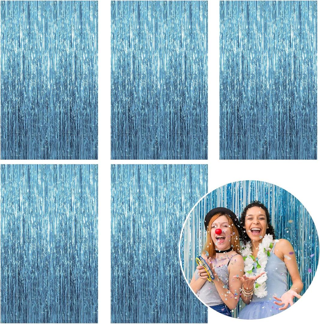 5 Pack Foil Curtain Backdrop Blue Metallic Tinsel Foil Fringe Curtains Photo Booth Props for Birthday Wedding Engagement Baby Shower Bachelorette Christmas Holiday Celebration Party Decorations