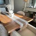 Macrame Table Runner, 87 x 14 Inches, Cotton Crochet Design with Tassels, Beige and White, Bohemian Farmhouse Style