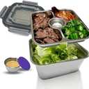 Salad Container for Lunch Stainless Steeel Salad Container 60-oz Salad Bowl with Lid 4-Compartment Bento-Style Tray, 1.5-oz Salad Dressing Container,Dishwasher, Microwave, and Oven Safe (Gray Lid)