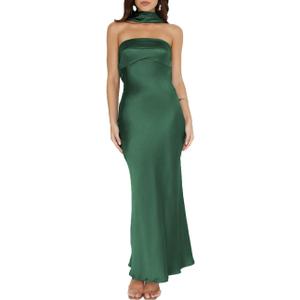 Women's Summer Satin Strapless Tube Top Maxi Dress Elegant Silk Backless Halter Neck Formal Party Dresses Wedding Guest (Emerald, XL)