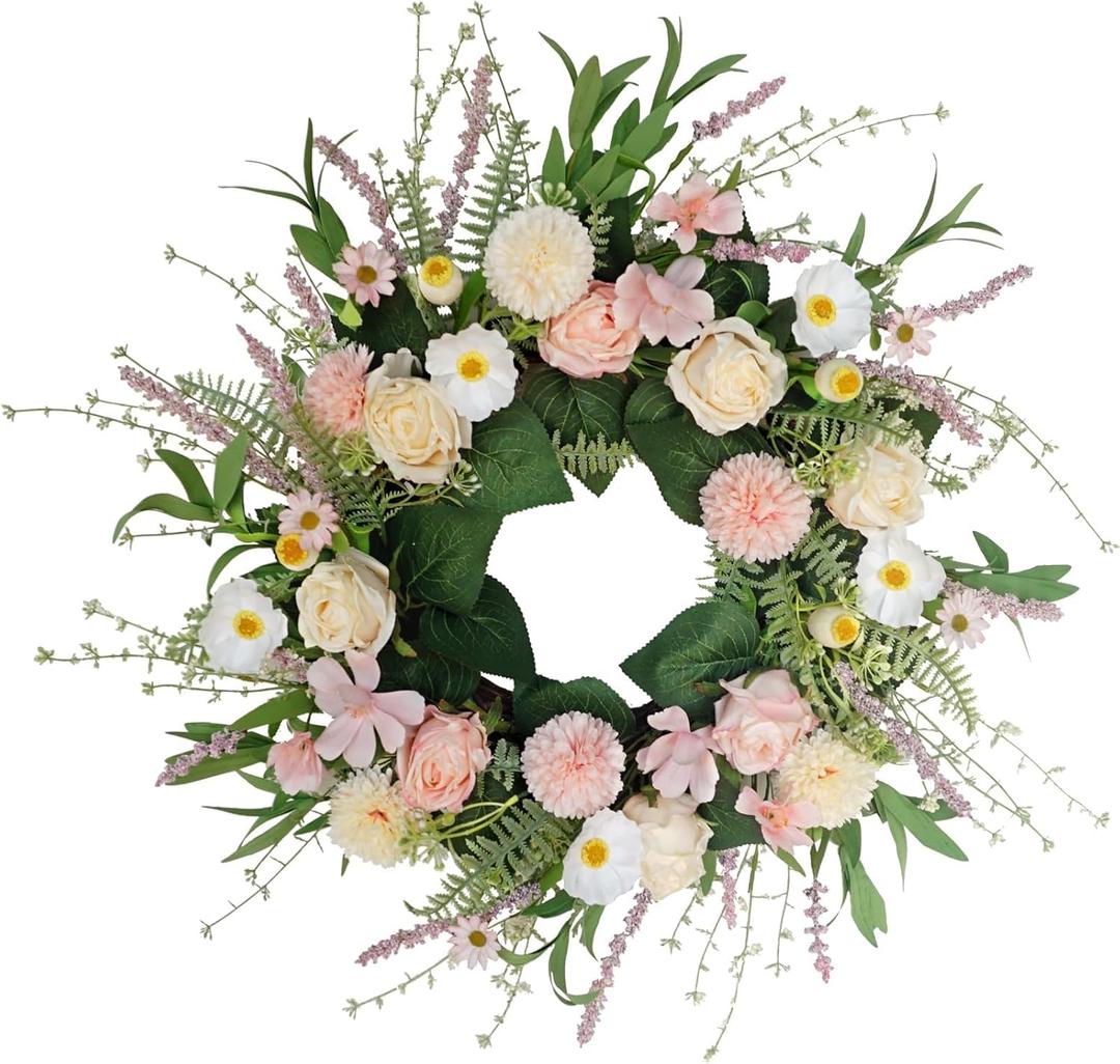 Pink Spring Summer Wreaths for Front Door, 20 Inch Artificial Floral Wreath with Rose Ball-Chrysanthemum, Flower Wreath for Porch Wall Window Decor, Handmade Wreaths for Wedding Decoration