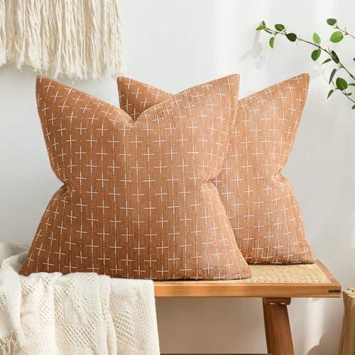 MIULEE Pack of 2 Decorative Burlap Linen Throw Pillow Covers Farmhouse Pillowcases Modern Rustic Woven Textured Cushion Cover for Sofa Couch Bed 20x20 Inch Brick
