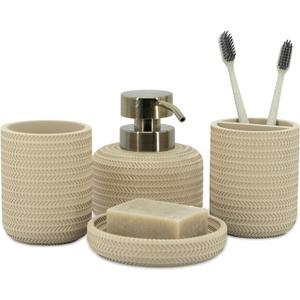 ZCCZ Beige Bathroom Accessories Set 4 Pcs - Toothbrush Holder, Soap Dispenser, Vanity Tray, Tumbler - Countertop Organizer for Bathroom Decor - Stylish and Functional Accessory Set for Home (Beige 4pcs)