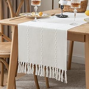 ZeeMart Farmhouse Table Runner, Rustic Table Runners 60 Inches Long, Cotton Linen Boho Table Runner, Braided Striped White Table Runner for Dining Party Holiday, 15x60 Inches, Braided Off White
