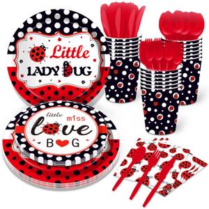 141 PCS Ladybug Fancy Birthday Party Supplies - Disposable Tableware Kit With Red and Black Polka Dot Plates, Cups, Napkins Sets - Serves 16 Guests