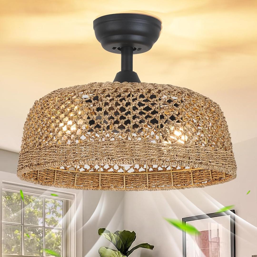 Rattan Ceiling Fans with Light and Remote 18.9" Boho Fandelier Ceiling Fan with Light Farmhouse Woven Caged Ceiling Fan Light for Bedroom Living Room Kitchen Dining Room