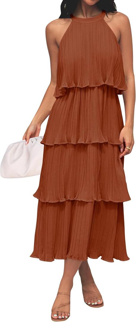 ZESICA Women's 2026 Summer Sleeveless Halter Neck Ruffle Tiered Layed Chiffon Flowy Swing Long Midi Dress (Brown, L)