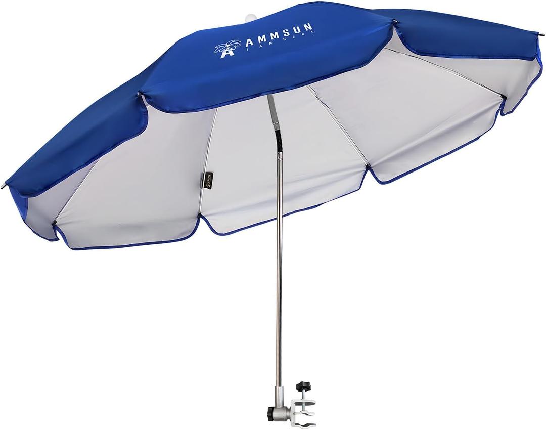 AMMSUN Chair Umbrella with Universal Clamp Adjustable 47 inches and 360 Swivel & UPF 50+ Protection Portable Sun Umbrella, Secure Clip on Camping/Beach Chairs, Stroller, Wheelchair, Golf cart, Lounger, Blue, Large-sized