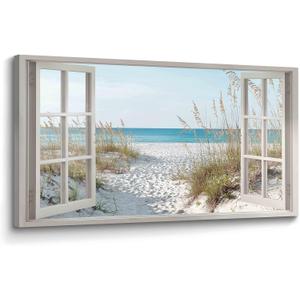 Beach Window Wall Art Canvas: Relaxing Bedroom Living Room Blue Ocean Coastal Scene Picture Modern Tropical Sea Landscape Painting Print Decor Horizontal Summer Seascape Artwork for Home