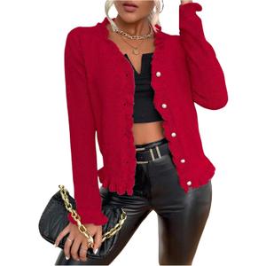 Verdusa Women's Ruffle Trim V Neck Button Down Long Sleeve Knit Cardigan Sweater Medium